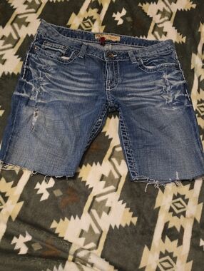BKE Women's Blue Distressed Denim Shorts